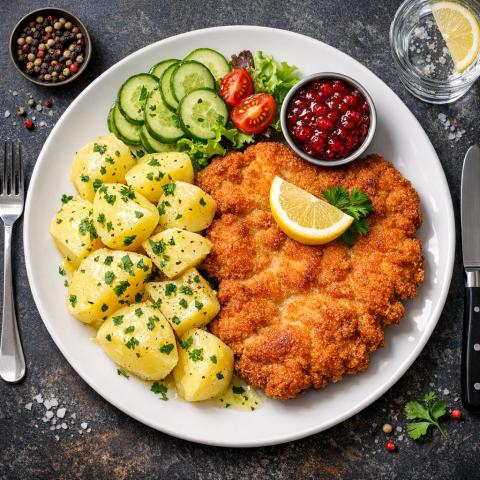 Венский шницель с варёным картофелем